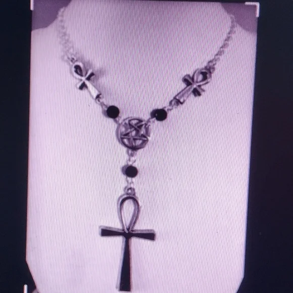 Beautiful Silver Egyptian Ankh 3 Cross Beaded Necklace - Picture 3 of 5